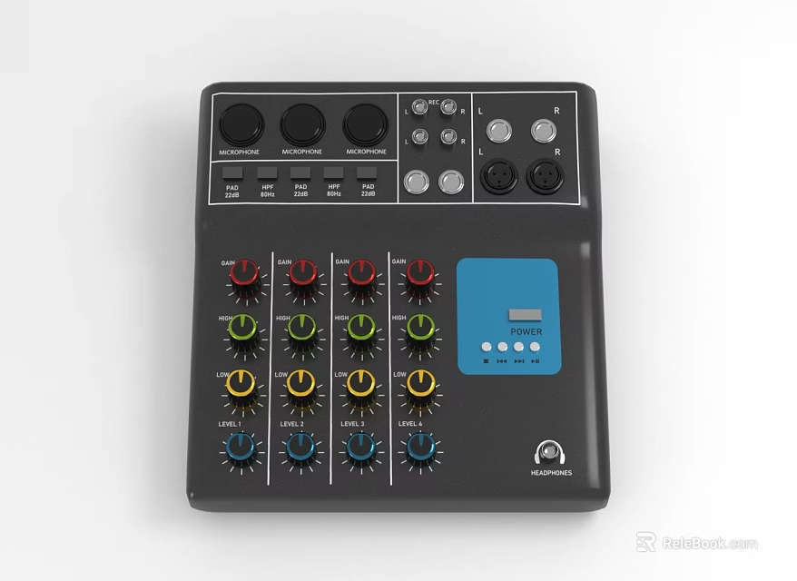 Professional Audio Mixer Control Panel With Colorful Knobs And Blue 3d model 