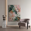 Floral Oil Painting On Wall With Sculpture And Armchair In Modern Interior