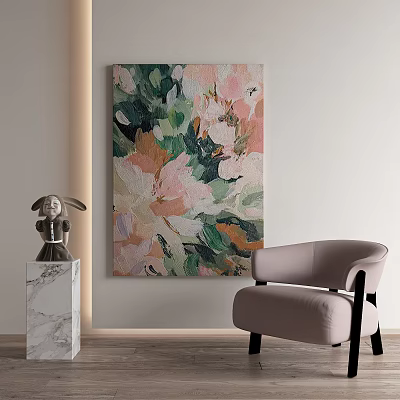 Floral Oil Painting On Wall With Sculpture And Armchair In Modern Interior 3d model