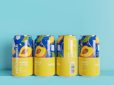 Refreshing Yellow Peach Flavored Canned Beverage With Fruit Design On Blue Background 3d model