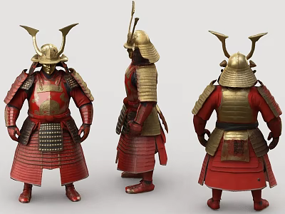 Detailed Traditional Samurai Armor in Red and Gold from Three Angles 3d model