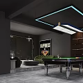 Modern Billiard Room With Multiple Pool Tables Black Walls Blue Ceiling Strips And Decorative Art 3d model