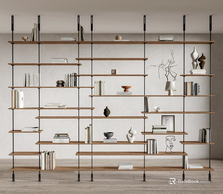 Modern Minimalist Decorative Cabinet with Wooden Shelves Metal Frames Books Vases and Sculptures 3d model 