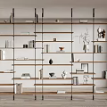 Modern Minimalist Decorative Cabinet with Wooden Shelves Metal Frames Books Vases and Sculptures