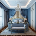 American Style Bedroom Chandelier Disc Curtain Wooden Floor Bed 3d model