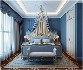 American Style Bedroom Chandelier Disc Curtain Wooden Floor Bed 3d model