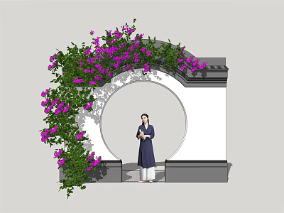 Chinese Style Building Exterior Wall with Circular Archway Purple Climbing Flowers and Person Standing 3d model