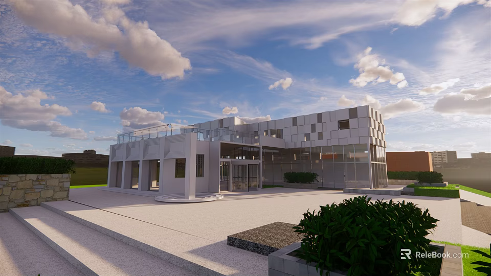 Modern White Building Architectural Design With Geometric Facade Glass Windows Entrance Plaza And Greenery 3d model 