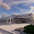 Modern White Building Architectural Design With Geometric Facade Glass Windows Entrance Plaza And Greenery