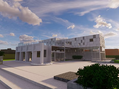 Modern White Building Architectural Design With Geometric Facade Glass Windows Entrance Plaza And Greenery 3d model