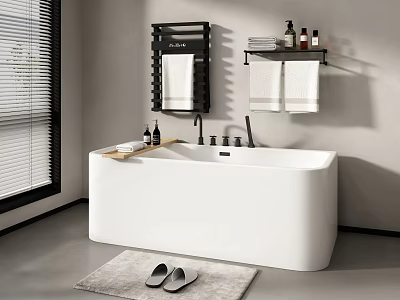 Modern Bathroom Interior With White Freestanding Bathtub Wooden Tray Black Towel Rack And White Towels 3d model