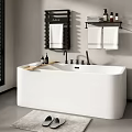 Modern Bathroom Interior With White Freestanding Bathtub Wooden Tray Black Towel Rack And White Towels