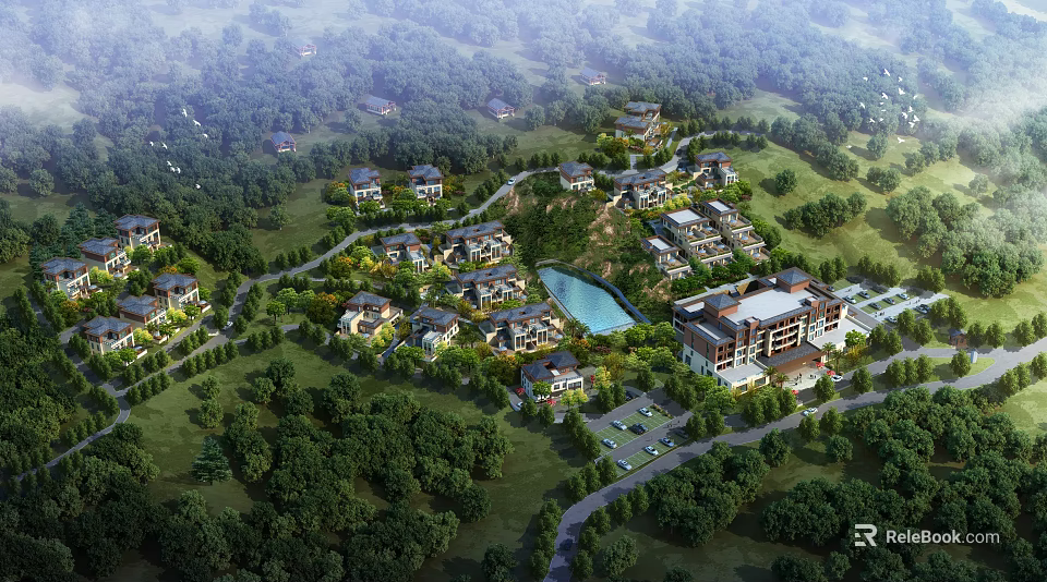 Aerial View Planning of Residential Community With Green Areas Lake Roads and Buildings 3d model 