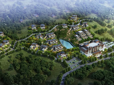 Aerial View Planning of Residential Community With Green Areas Lake Roads and Buildings 3d model