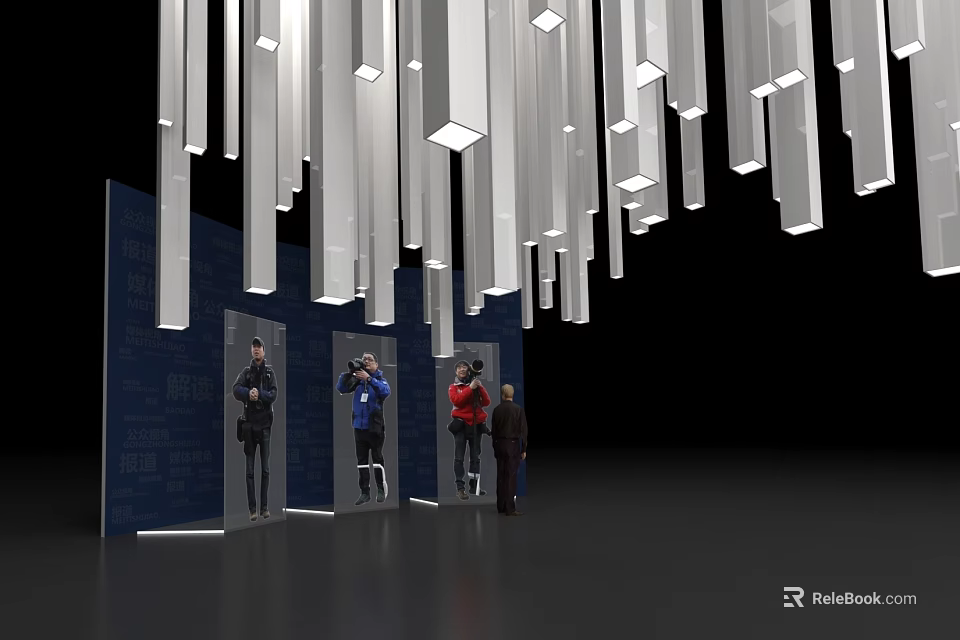 Silver Elongated Art Installation Hanging Above Blue Backdrop With Figure Models 3d model 