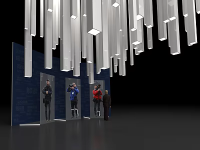 Silver Elongated Art Installation Hanging Above Blue Backdrop With Figure Models 3d model