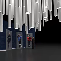 Silver Elongated Art Installation Hanging Above Blue Backdrop With Figure Models