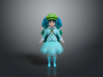 Game Movie Character With Blue Hair Green Hat Blue Dress And Green Backpack 3d model
