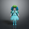 Game Movie Character With Blue Hair Green Hat Blue Dress And Green Backpack