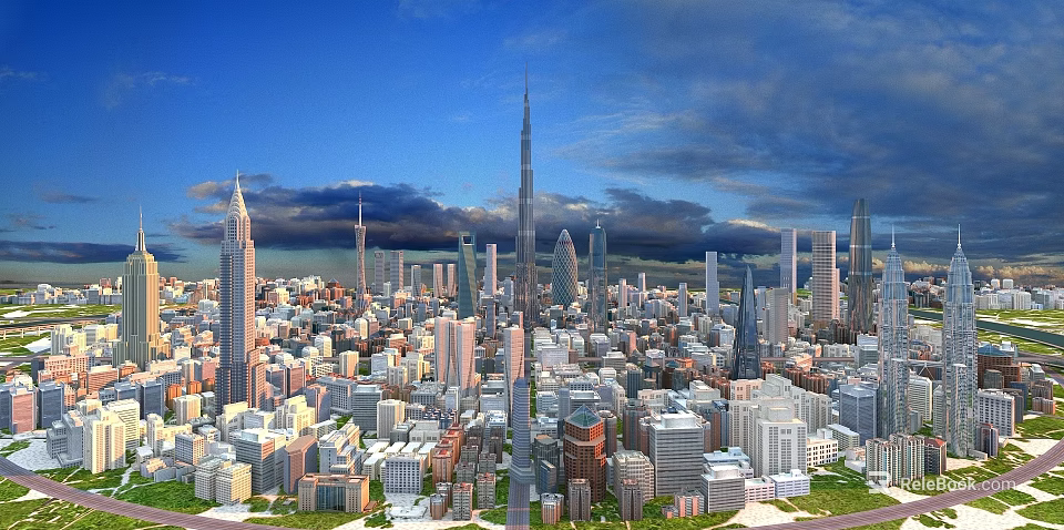 Aerial View Planning of Modern City with Skyscrapers and Urban Layout 3d model 