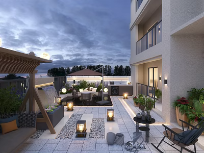 Outdoor Garden Landscape With Terrace Water Feature Lanterns Plants And Seating At Twilight 3d model