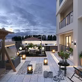 Outdoor Garden Landscape With Terrace Water Feature Lanterns Plants And Seating At Twilight