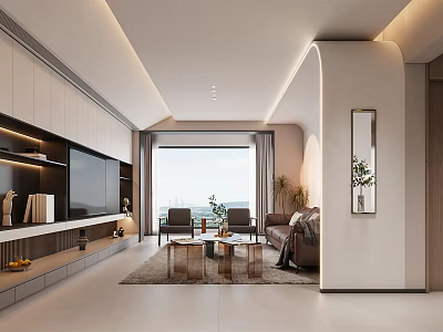 Modern Living Dining Room Interior With Sofa Coffee Table TV Wall And Large Window 3d model