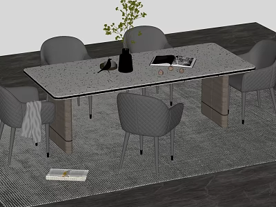 Modern Dining Table Set With Stone Top Four Chairs And Decorative Vase On Wooden Floor 3d model