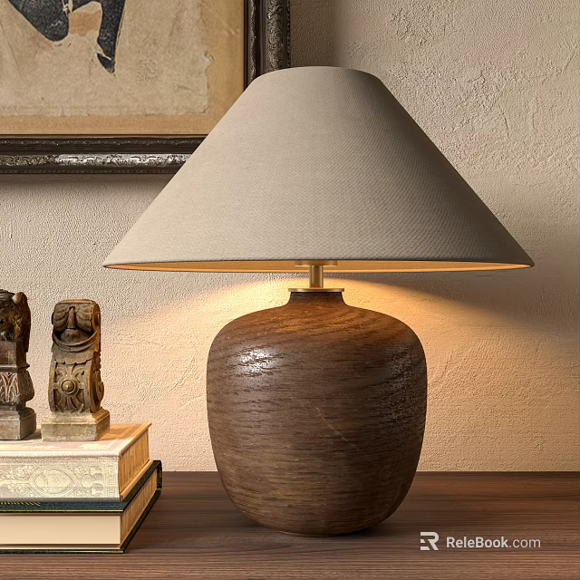 Rustic Brown Ceramic Table Lamp With Cream Fabric Shade For Living Room Study Decor 3d model 