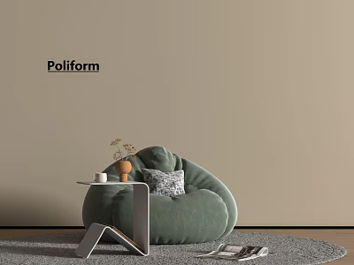 Green Velvet Bean Bag Chair In Modern Interior With Side Table And Decorative Pillow 3d model
