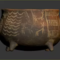 Ancient Brown Clay Pot With Three Legs And Decorative Surface Patterns
