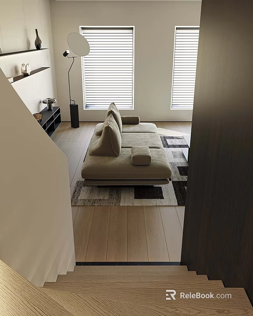 Modern Minimalist Bright Living Room With Large Comfy Sofa Wooden Floor And Window Blinds 3d model 