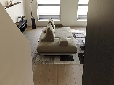 Modern Minimalist Bright Living Room With Large Comfy Sofa Wooden Floor And Window Blinds 3d model