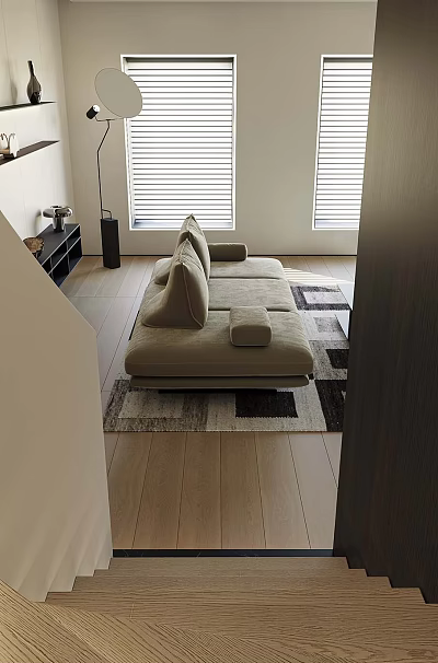 Modern Minimalist Bright Living Room With Large Comfy Sofa Wooden Floor And Window Blinds 3d model