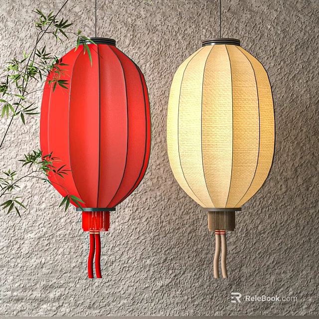 Red And Beige Decorative Lanterns Hanging With Bamboo Against Stone Wall 3d model 