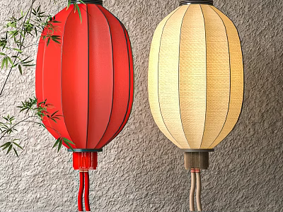 Red And Beige Decorative Lanterns Hanging With Bamboo Against Stone Wall 3d model