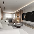 Modern Open Living and Dining Room With Wooden Table Pendant Lights TV Wall And Sofa