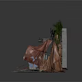 Rustic Outdoor Campsite Structure With Canvas Tent Vines Wooden Crates And Stones