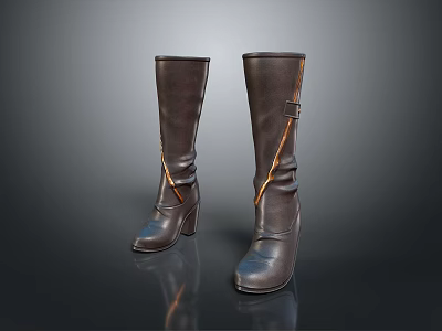 Brown Knee High Boots With Belt Buckle Detail And High Heels Simple Design 3d model