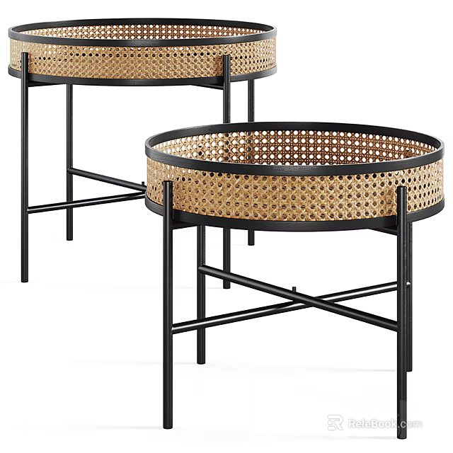 Round Rattan Coffee Tables With Black Metal Crossed Legs Modern Style 3d model 