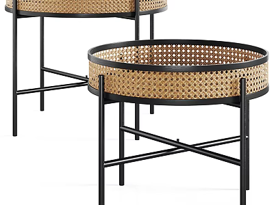 Round Rattan Coffee Tables With Black Metal Crossed Legs Modern Style 3d model
