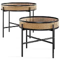 Round Rattan Coffee Tables With Black Metal Crossed Legs Modern Style