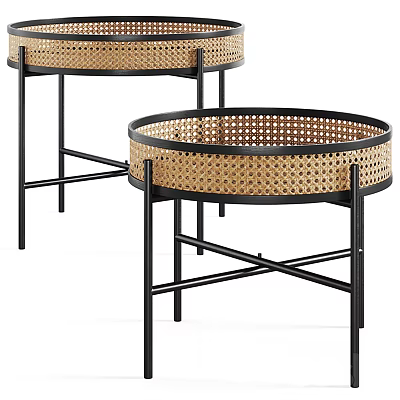 Round Rattan Coffee Tables With Black Metal Crossed Legs Modern Style 3d model