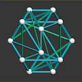 Geometric Polyhedral Structure With Blue Green Lines And White Spheres On Black Surface