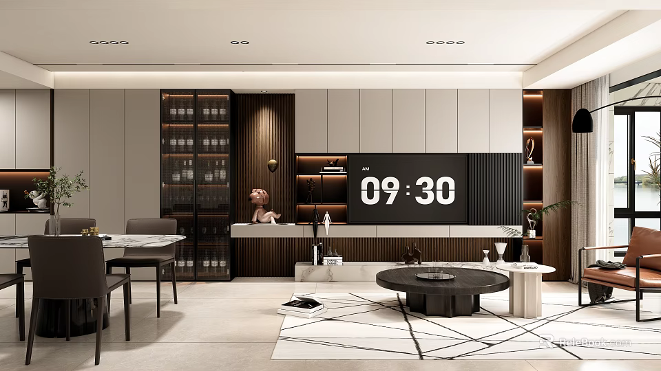 Modern Living and Dining Room Interior Design With Dining Table Wine Cabinet And TV Wall 3d model 