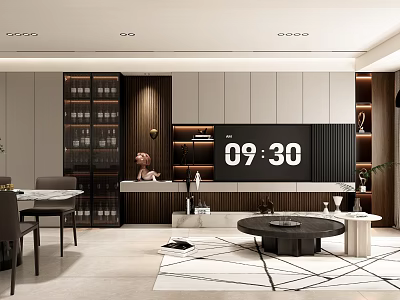 Modern Living and Dining Room Interior Design With Dining Table Wine Cabinet And TV Wall 3d model