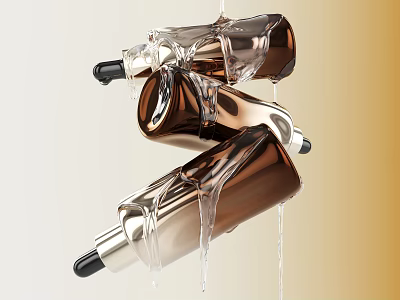 Luxury Gold Perfume Cosmetic Bottles With Dripping Liquid And Elegant Design 3d model
