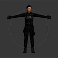 Game Movie Character In Black Tactical Outfit With Arms Outstretched On Gray Background