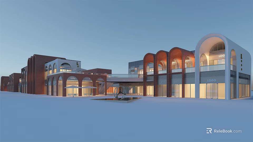 Commercial Street Night View With Red Brick Archways Glass Walkway And Landscaped Square 3d model 