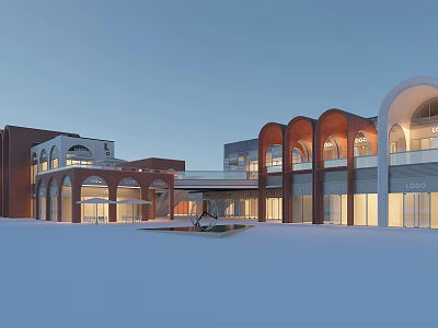 Commercial Street Night View With Red Brick Archways Glass Walkway And Landscaped Square 3d model